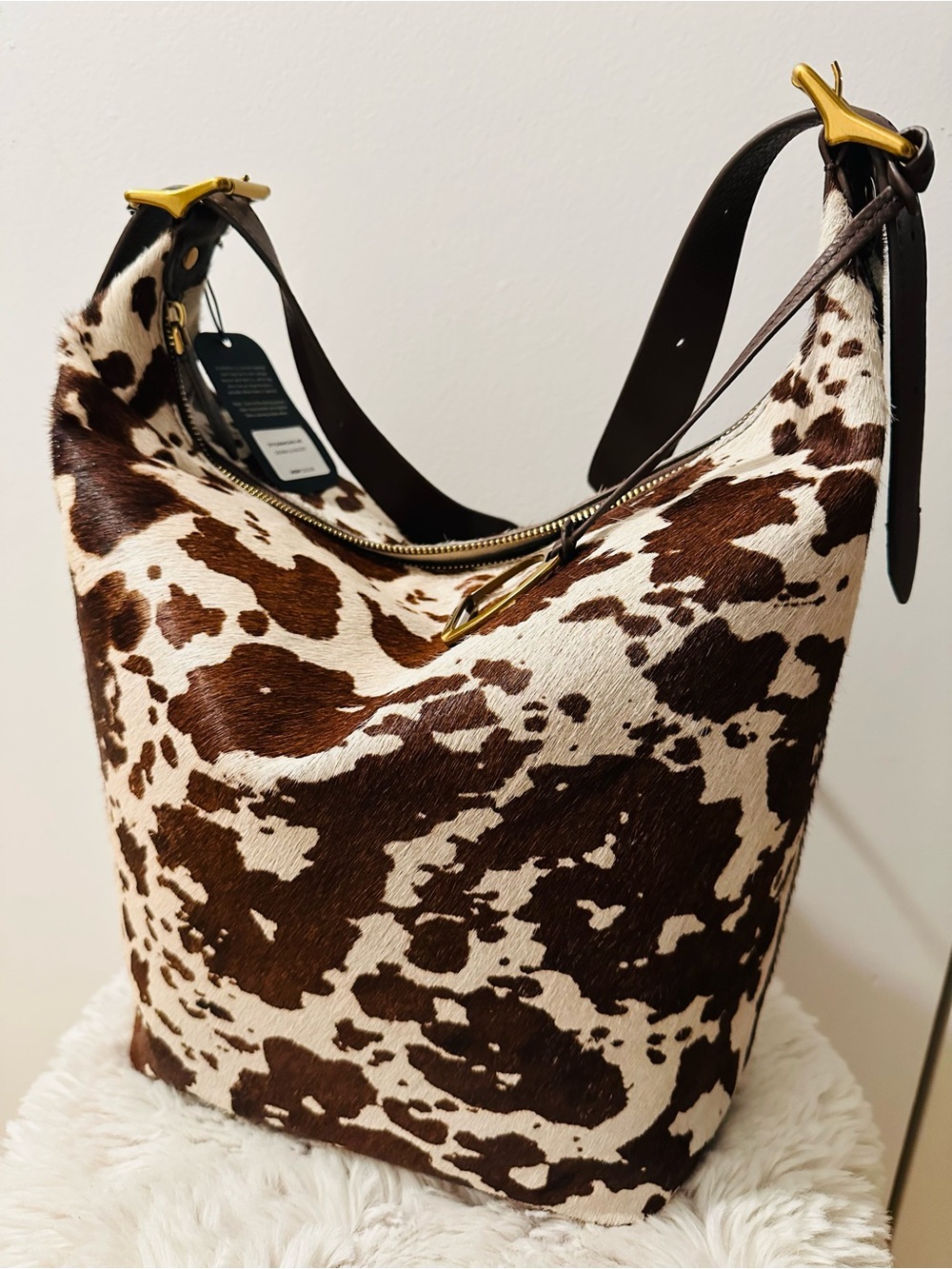 Cowhide Brown & Cream Hobo Bag with Leather Strap